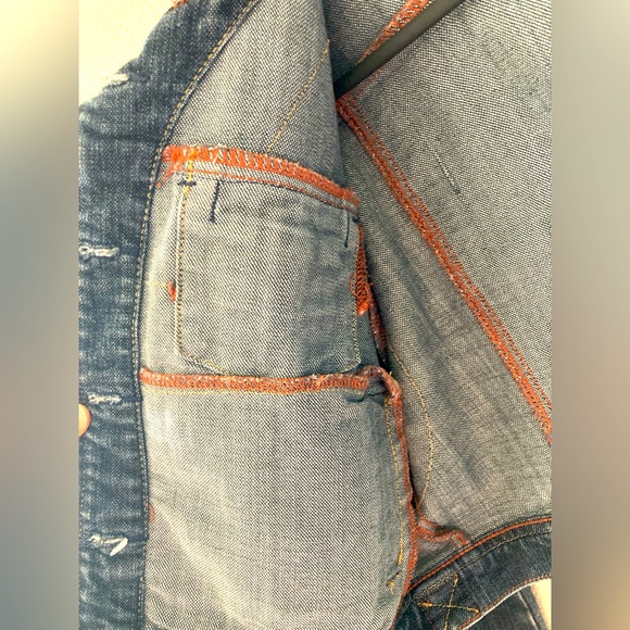 Cropped denim jacket w/ small edgy studs. Red & yellow stitching. Distressed - Picture 7 of 11